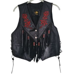 Handmade Ladies Black Leather Biker Vest Red Leather Rose Suede Fringe Beads L